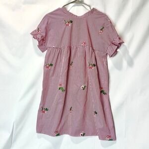 Womens Striped Summer Dress Short Floral Embroidery Ruffle Sleeve Red Size M